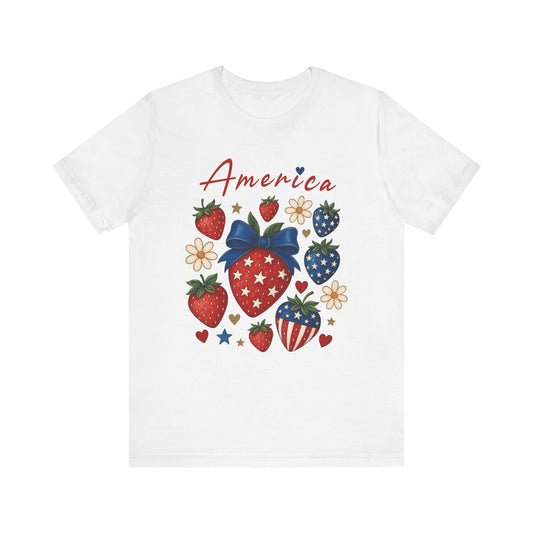 Patriotic Strawberry Tee - Celebrate America with Style, Unisex T-Shirt for Fourth of July, Summer BBQ, Casual Wear, Gifts