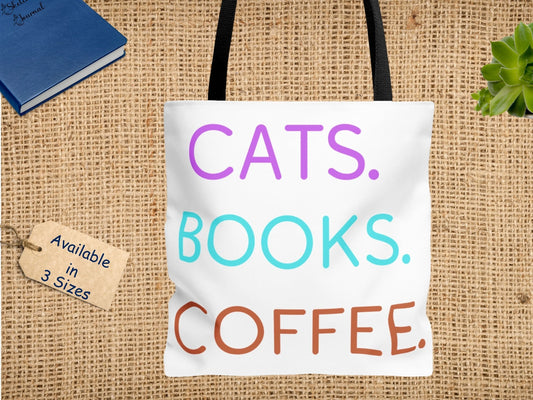 Cats Books Coffee Tote, Fall tote bag, book tote, Tote Bag (AOP) gift,  Grocery Bag,Bag, Book Bag, Shopping Bag