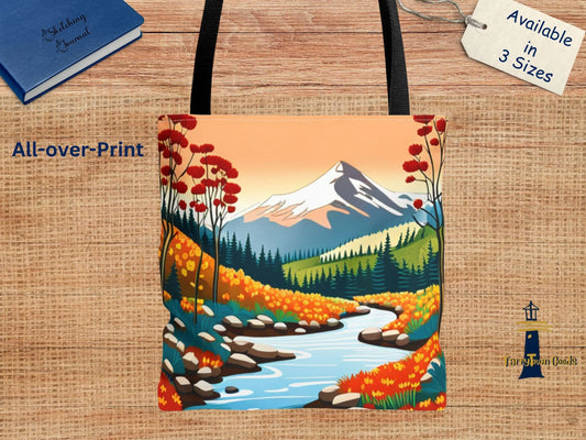 Nature Graphic Comic Style Tote Bag, Vacation Travel Shopping Shoulder Purse, Bright Colors Floral Mountain Road Beach Canvas Handbag